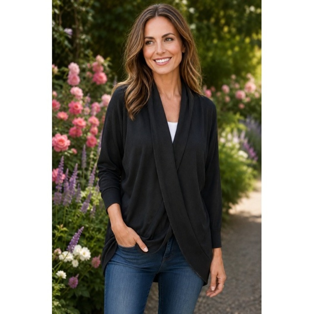 Planet Gold Womens Black Wrap Front Shawl Collar Cardigan Sweater Size S